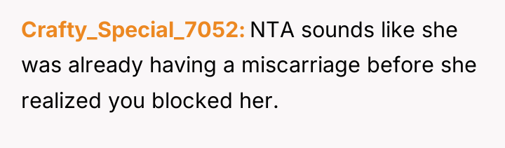 Crafty_Special_7052 NTA sounds like she was already having a miscarriage...
