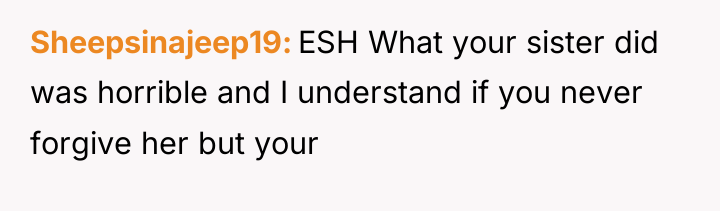 Sheepsinajeep19 ESH What your sister did was horrible and I...