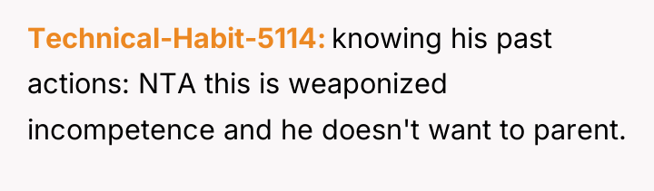 Technical-Habit-5114 knowing his past actions: NTA this is weaponized incompetence...