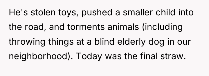 He's stolen toys, pushed a smaller child into the road,...