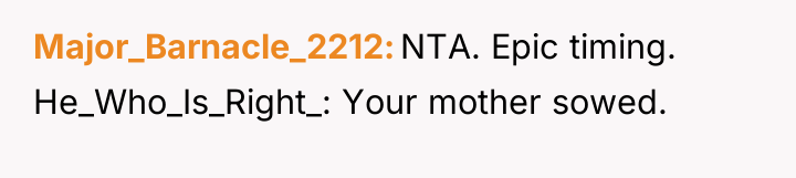 Major_Barnacle_2212 NTA. Epic timing. He_Who_Is_Right_: Your mother sowed.