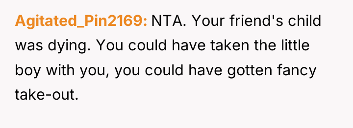 Agitated_Pin2169 NTA. Your friend's child was dying. You could have...
