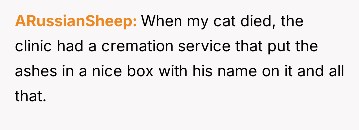ARussianSheep When my cat died, the clinic had a cremation...