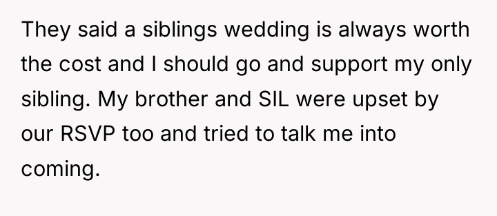 They said a siblings wedding is always worth the cost...