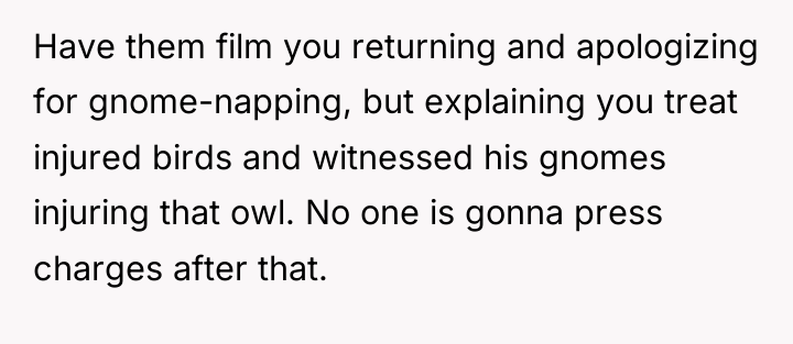 Have them film you returning and apologizing for gnome-napping, but...