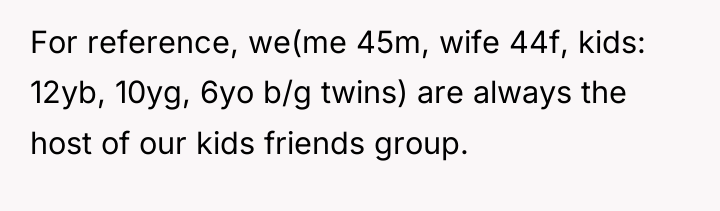 For reference, we(me 45m, wife 44f, kids: 12yb, 10yg, 6yo...