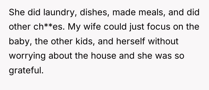 She did laundry, dishes, made meals, and did other ch**es....
