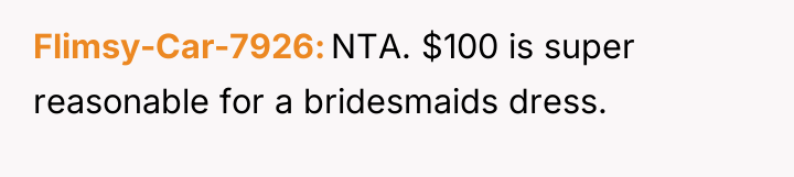 Flimsy-Car-7926 NTA. $100 is super reasonable for a bridesmaids dress.