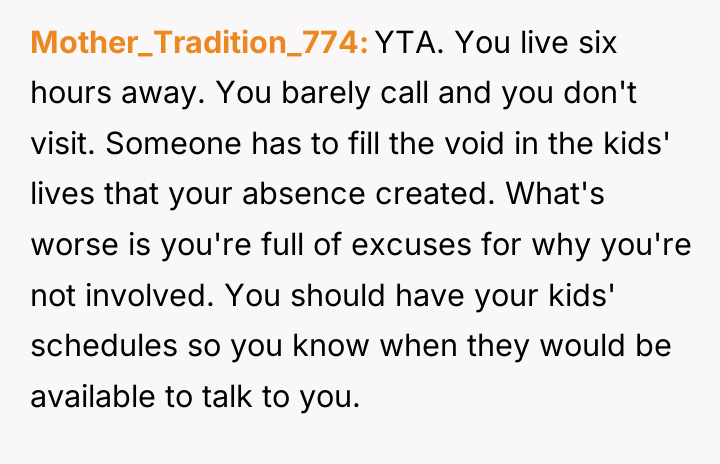 Mother_Tradition_774 YTA. You live six hours away. You barely call...