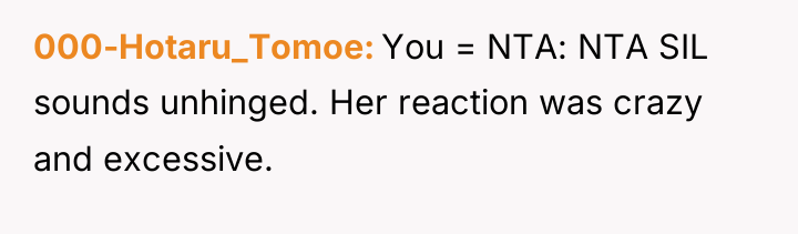 000-Hotaru_Tomoe You = NTA: NTA SIL sounds unhinged. Her reaction...