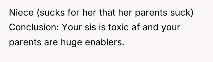 Niece (sucks for her that her parents suck) Conclusion: Your...