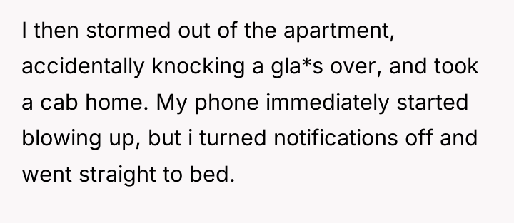 I then stormed out of the apartment, accidentally knocking a...