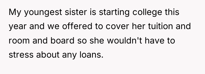 My youngest sister is starting college this year and we...
