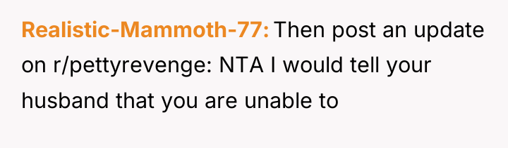 Realistic-Mammoth-77 Then post an update on r/pettyrevenge: NTA I would...