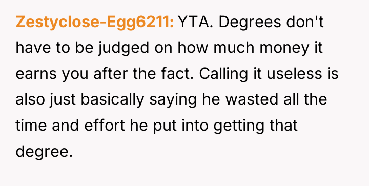 Zestyclose-Egg6211 YTA. Degrees don't have to be judged on how...