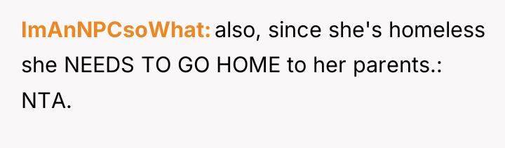ImAnNPCsoWhat also, since she's homeless she NEEDS TO GO HOME...