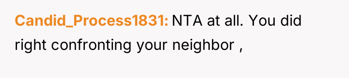 Candid_Process1831 NTA at all. You did right confronting your neighbor...