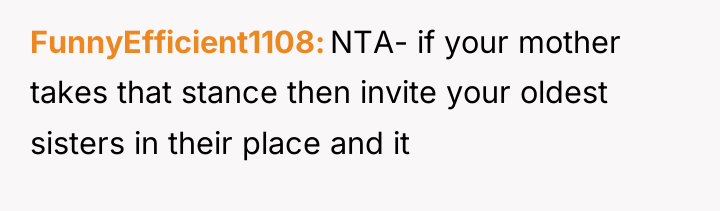 FunnyEfficient1108 NTA- if your mother takes that stance then invite...