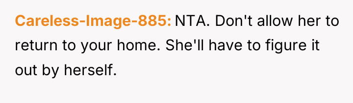 Careless-Image-885 NTA. Don't allow her to return to your home....
