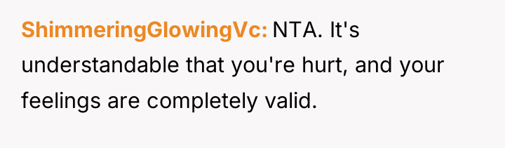 ShimmeringGlowingVc NTA. It's understandable that you're hurt, and your feelings...