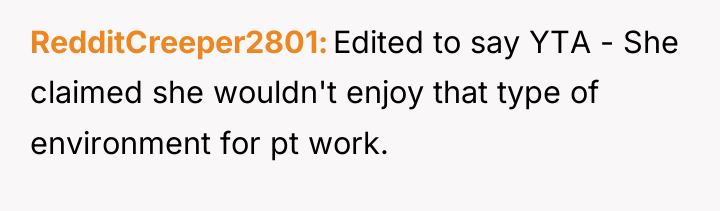 RedditCreeper2801 Edited to say YTA - She claimed she wouldn't...