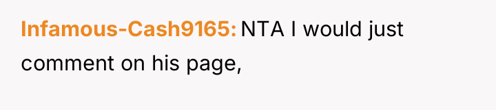 Infamous-Cash9165 NTA I would just comment on his page,