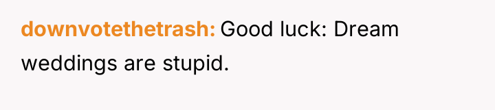 downvotethetrash Good luck: Dream weddings are stupid.