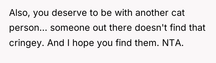 Also, you deserve to be with another cat person... someone...