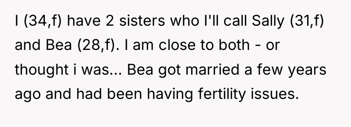 I (34,f) have 2 sisters who I'll call Sally (31,f)...