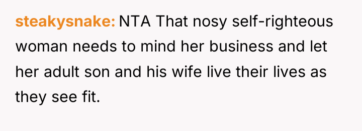 steakysnake NTA That nosy self-righteous woman needs to mind her...