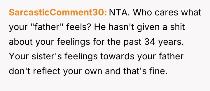 SarcasticComment30 NTA. Who cares what your "father" feels? He hasn't...