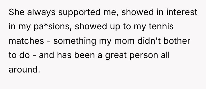 She always supported me, showed in interest in my pa*sions,...