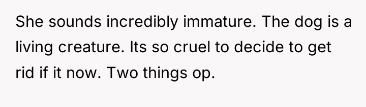 She sounds incredibly immature. The dog is a living creature....