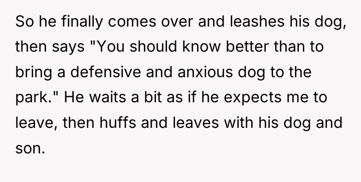 So he finally comes over and leashes his dog, then...