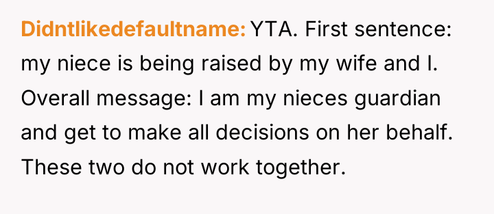 Didntlikedefaultname YTA. First sentence: my niece is being raised by...
