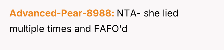 Advanced-Pear-8988 NTA- she lied multiple times and FAFO'd