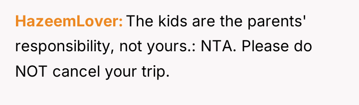 HazeemLover The kids are the parents' responsibility, not yours.: NTA....