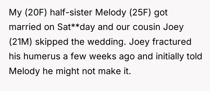 My (20F) half-sister Melody (25F) got married on Sat**day and...