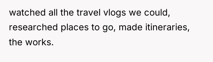 watched all the travel vlogs we could, researched places to...