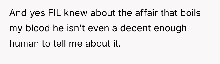 And yes FIL knew about the affair that boils my...