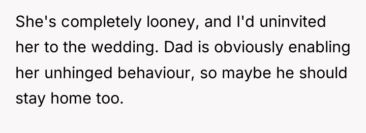 She's completely looney, and I'd uninvited her to the wedding....