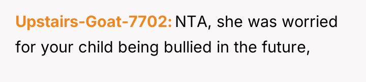 Upstairs-Goat-7702 NTA, she was worried for your child being bullied...