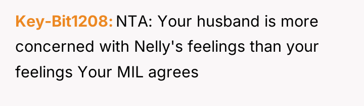 Key-Bit1208 NTA: Your husband is more concerned with Nelly's feelings...