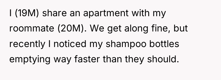 I (19M) share an apartment with my roommate (20M). We...