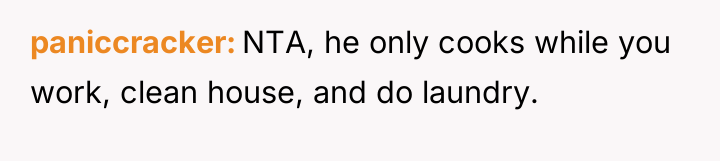 paniccracker NTA, he only cooks while you work, clean house,...