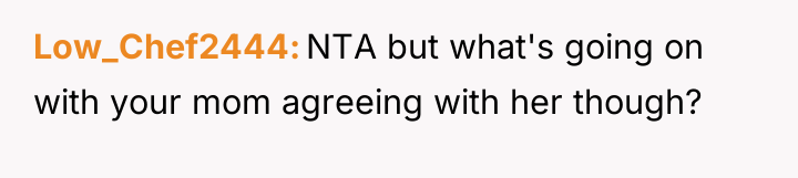 Low_Chef2444 NTA but what's going on with your mom agreeing...