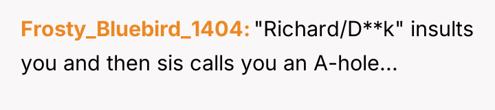 Frosty_Bluebird_1404 "Richard/D**k" insults you and then sis calls you an...