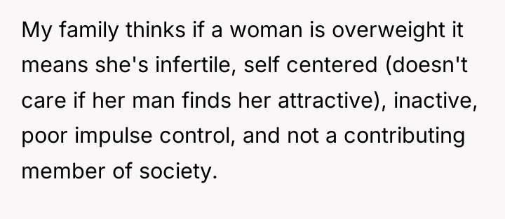 My family thinks if a woman is overweight it means...