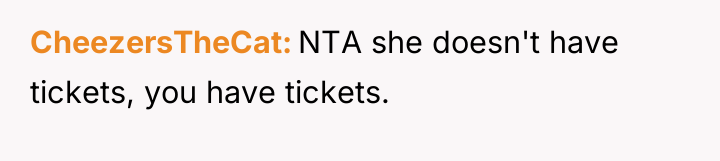 CheezersTheCat NTA she doesn't have tickets, you have tickets.
