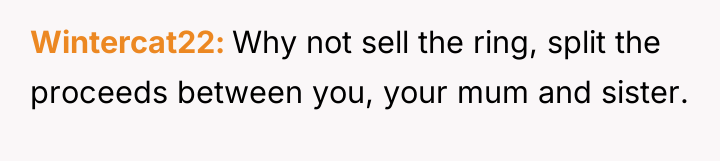 Wintercat22 Why not sell the ring, split the proceeds between...